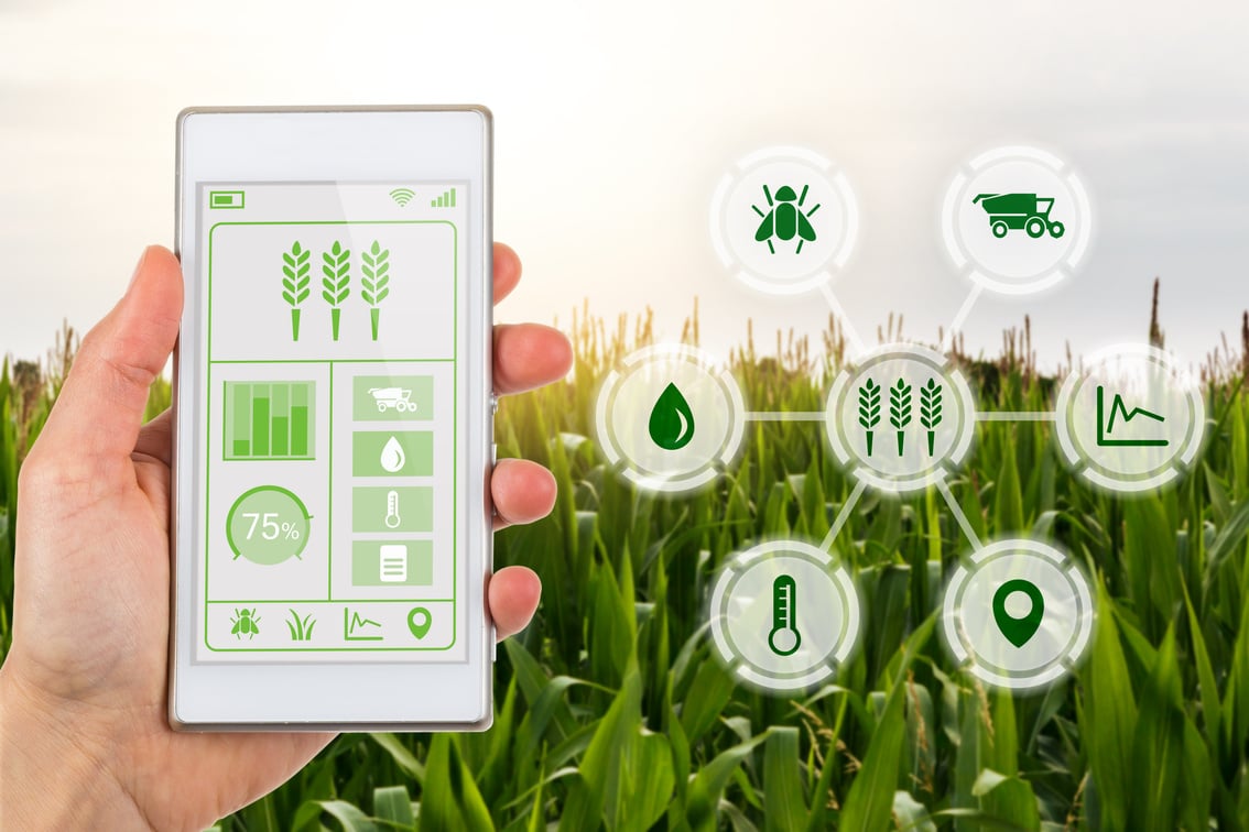 Agritech concept smartphone app with graphic display agricultural icons